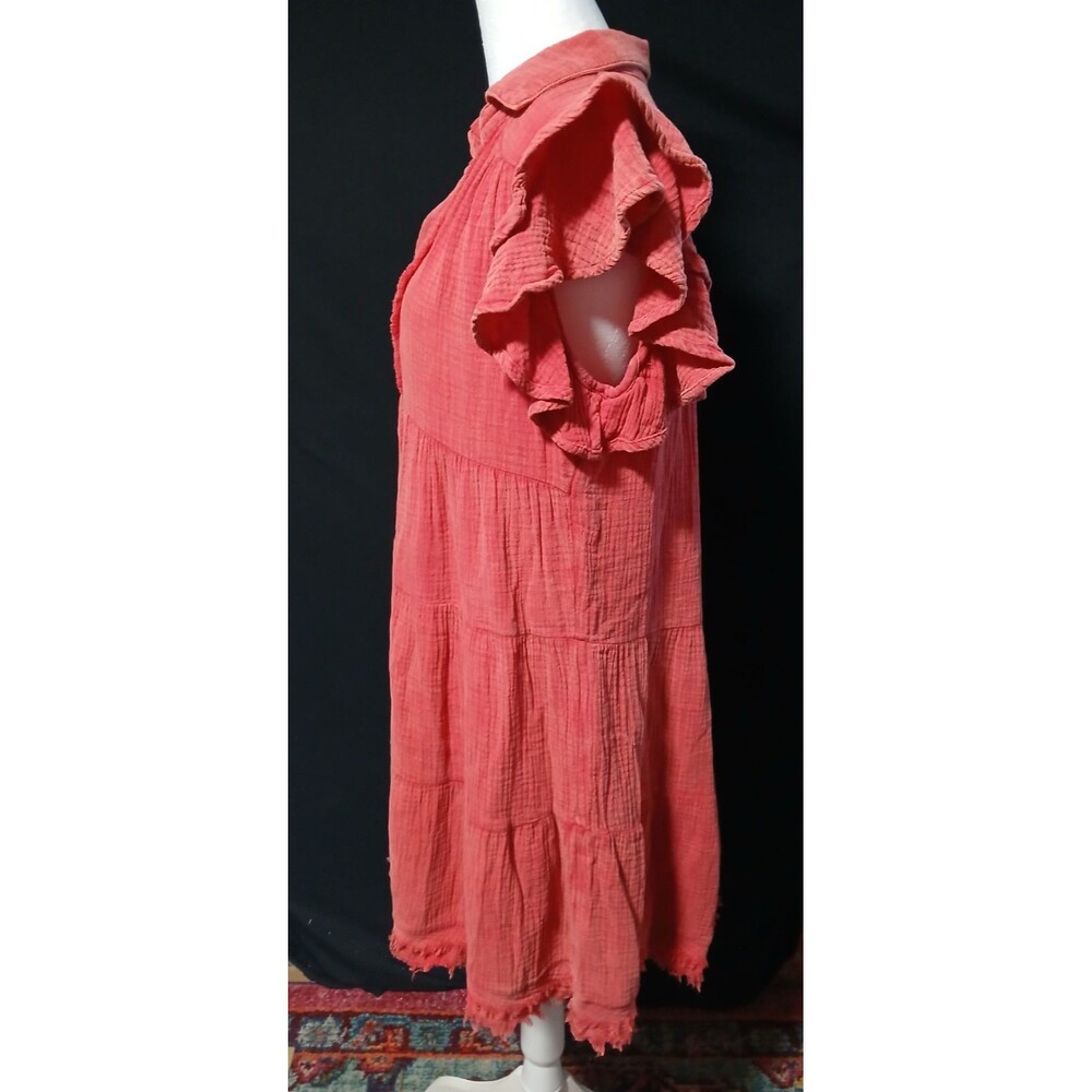 Umgee Faded out look  Red Dress with Ruffle short Sleeves Frayed hems Small - Picture 3 of 11